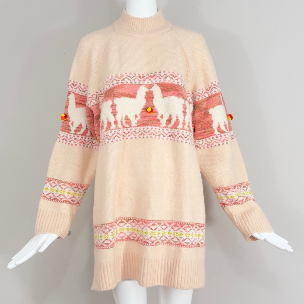 Anthropologie Aimee Pommed Alpaca Sweater Pink Wool-blend Knit Llama/Alpaca 2X